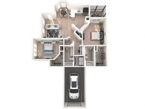 A diagram of a house layout with a kitchen, living room, and bedrooms.